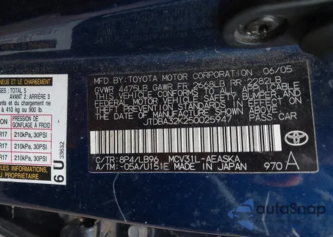 2005 Toyota Camry Se V6 from USA, damaged, VIN JTDBA32K250025947